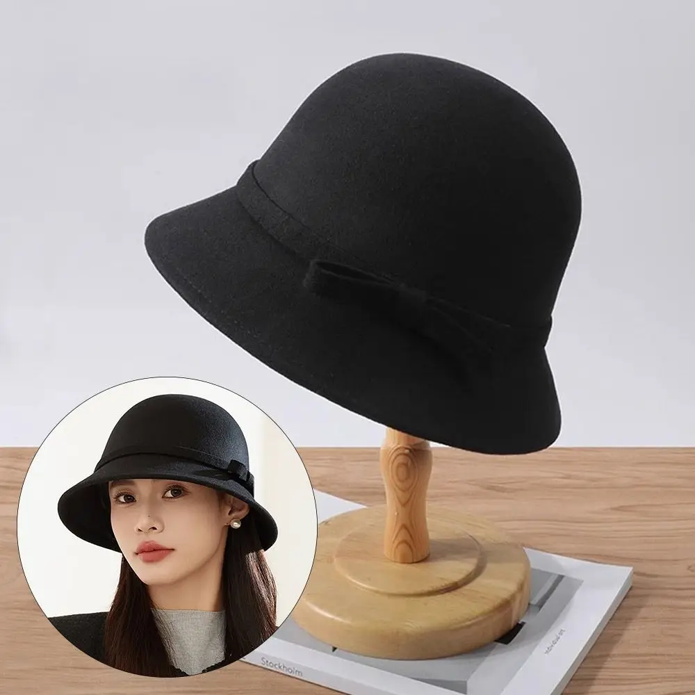 Autumn Winter Vintage Felt Fedora Hats Dome Bowknot Panama Cap Elegant Soft Bucket Cap for Women