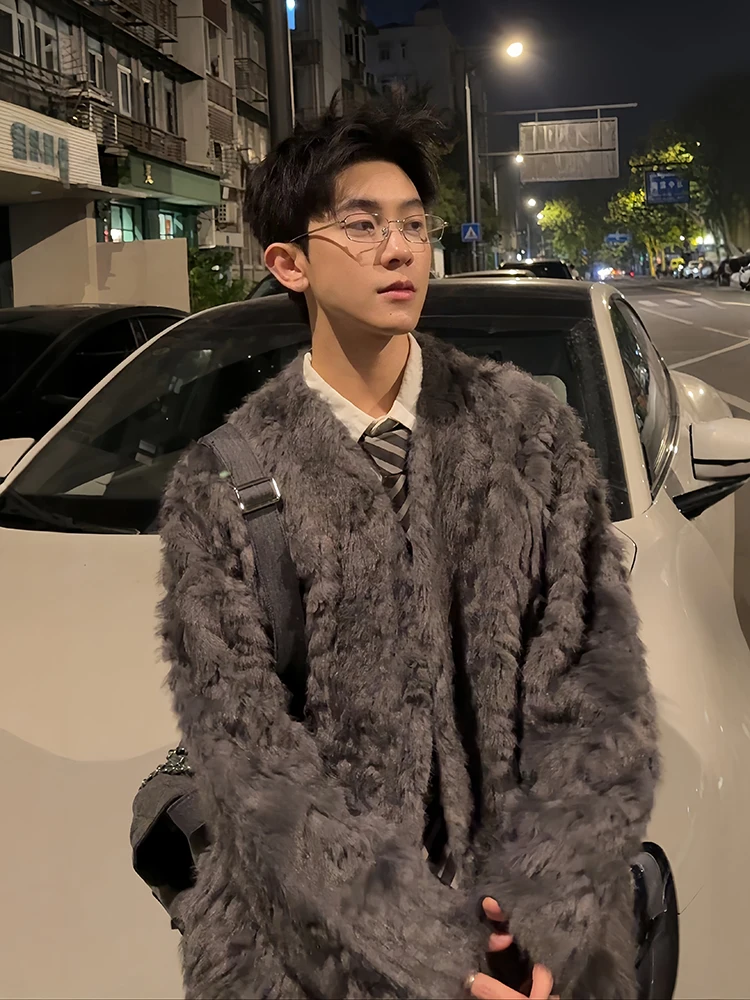 

Men's ort Fur Coat Collarl Leather And Fur Inteated Warm Casual Sle V-ne Design Straight Hemline Autumn Winter Jaet