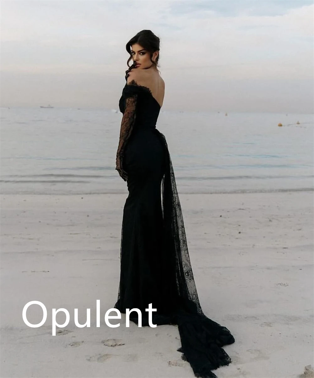 Customized  Exquisite Black Jersey Evening Dress Temperament Strapless Off the Shoulder Long Sleeves Bespoke Occasion G image 6