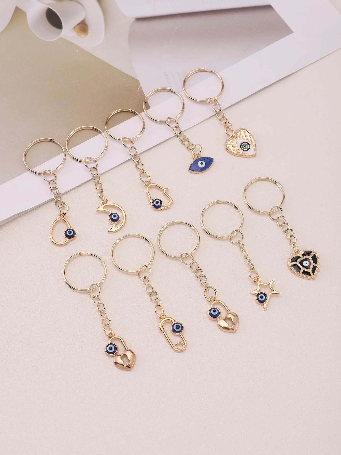 10pcs Alloy Evil Eye Keyring Amulet Good Luck Keychain Purse Bag Backpack Car Key Accessory Charm Birthday Party Favors Gift