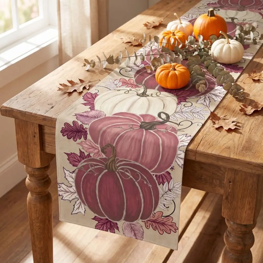 Autumn Harvest Theme Pumpkin Table Runner Rectangular Decorative Farmhouse Table Runner Durable Halloween Restaurant Decoration