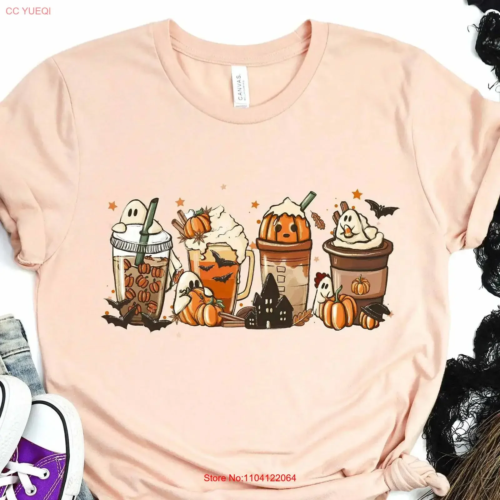 Halloween Pumpkin Latte Drink Cup T shirt Coffee Fall Lover Horror Spice vintage Washed Stylish fashion Versatile Slightly Soft
