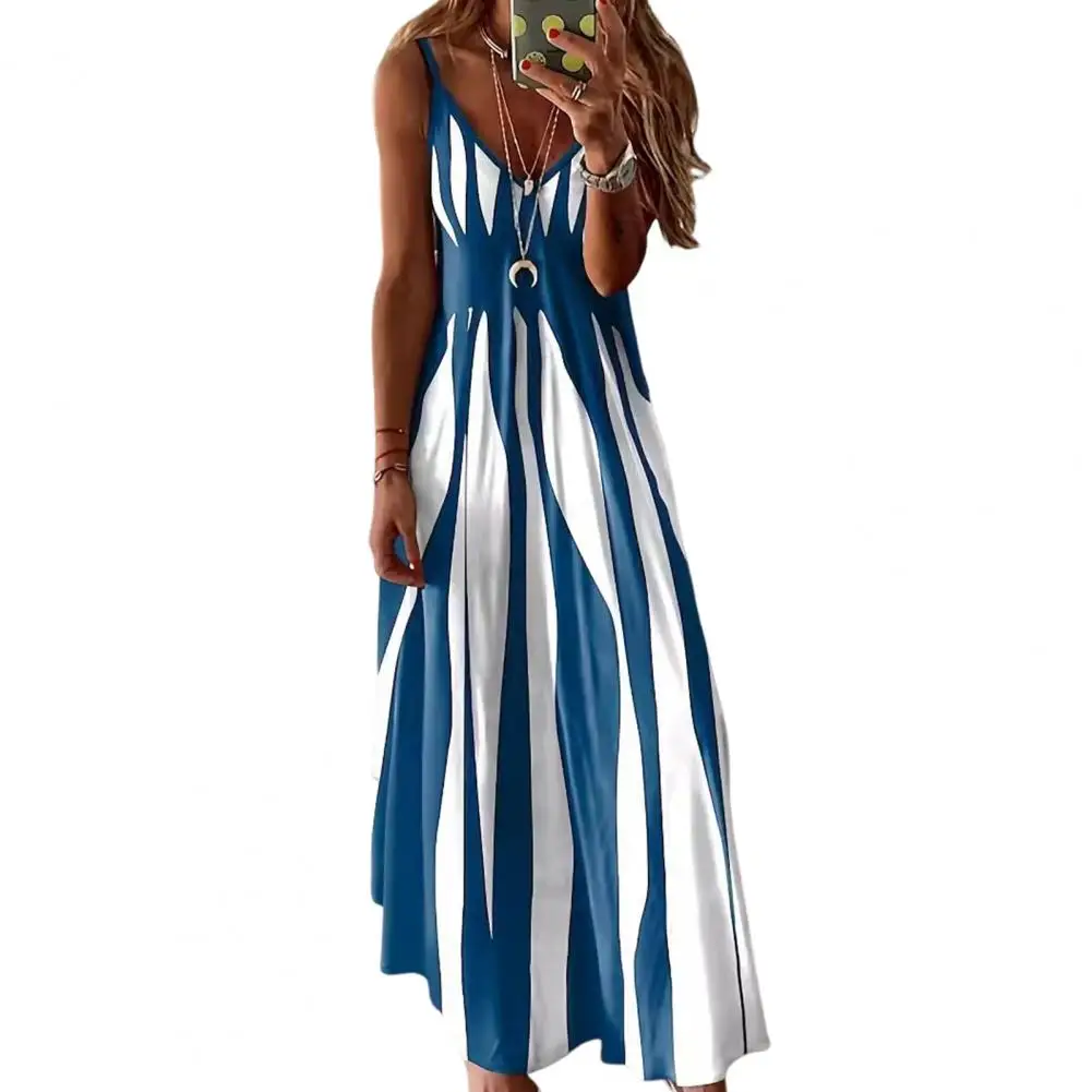 

Summer Women Strappy Dress Retro Contrast Color Printed Loose Sleeveless Dress Bohemian Style A-line Vacation Maxi Dress