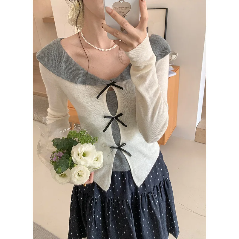 

Design Sense Fake Two Doll Collar Bow Knit Sweater for Women, Short Style, Gentle and Slim Fit Temperament