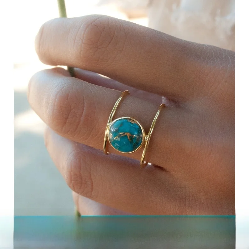 

Новое женское кольцо Polysutt, позолоченное 8-каратным золотом, большое круглое кольцо с бирюзой, обручальное кольцо, модный ювелирный аксессуар