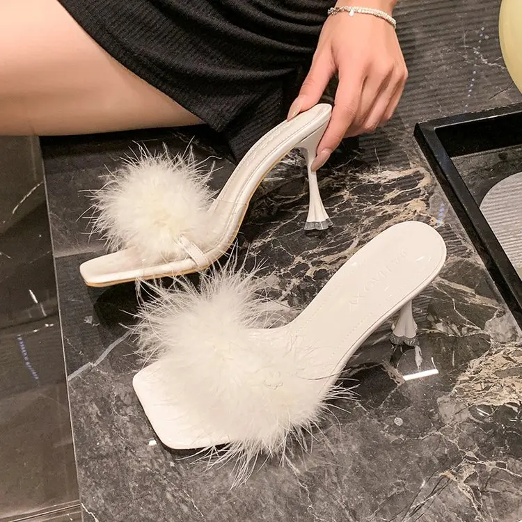 Elegant Transparent Fur Slippers High Heels Outdoor Wear Thin Heel Summer New Fairy Style Fashionable Flat Sandals