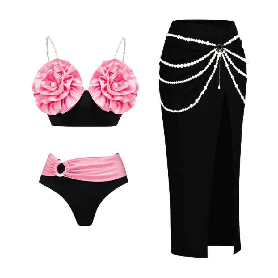 

Sexy Bikini Set Women Swimsuit Flower Detachable Pearl Strap Bikini Set Swimsuit and Skirt Women Beachwear Swimwear Bathing Suit