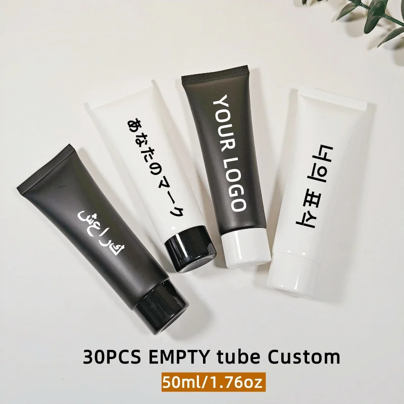 

30 шт., 50 мл, настраиваемые тюбики, печать логотипов, черные/белые дорожные контейнеры, для сыворотки, ухода за кожей, косметической упаковки