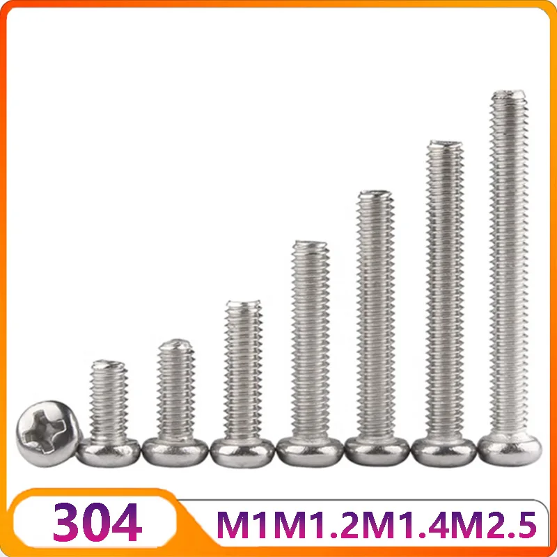 

100/200/500Pcs Thread M1 M1.2 M1.4 M2.5 Length 2-20mm 304 Stainless Steel Machine Cross Phillips Round Head Screw Bolt