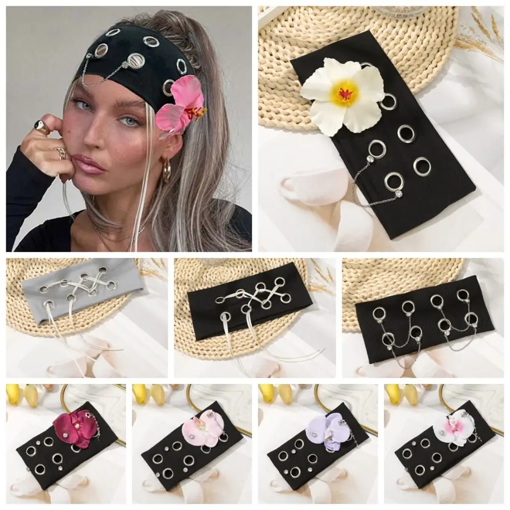 

Hibiscus Butterfly Orchid Knitted Hairband Y2K Hip-hop Flower Elastic Headband Punk Style Wide Side Rhinestone Chain Headscarf