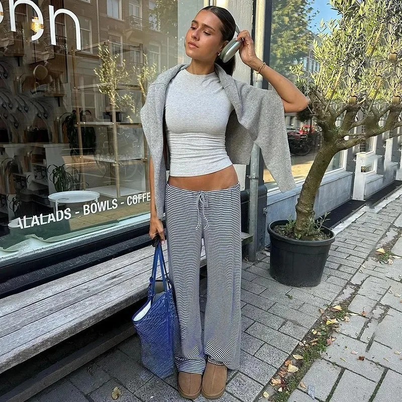 2026 New Collection American Casual Striped Pants Female Autumn Winter High Waisted Straps with Loose Fit Floor Pants