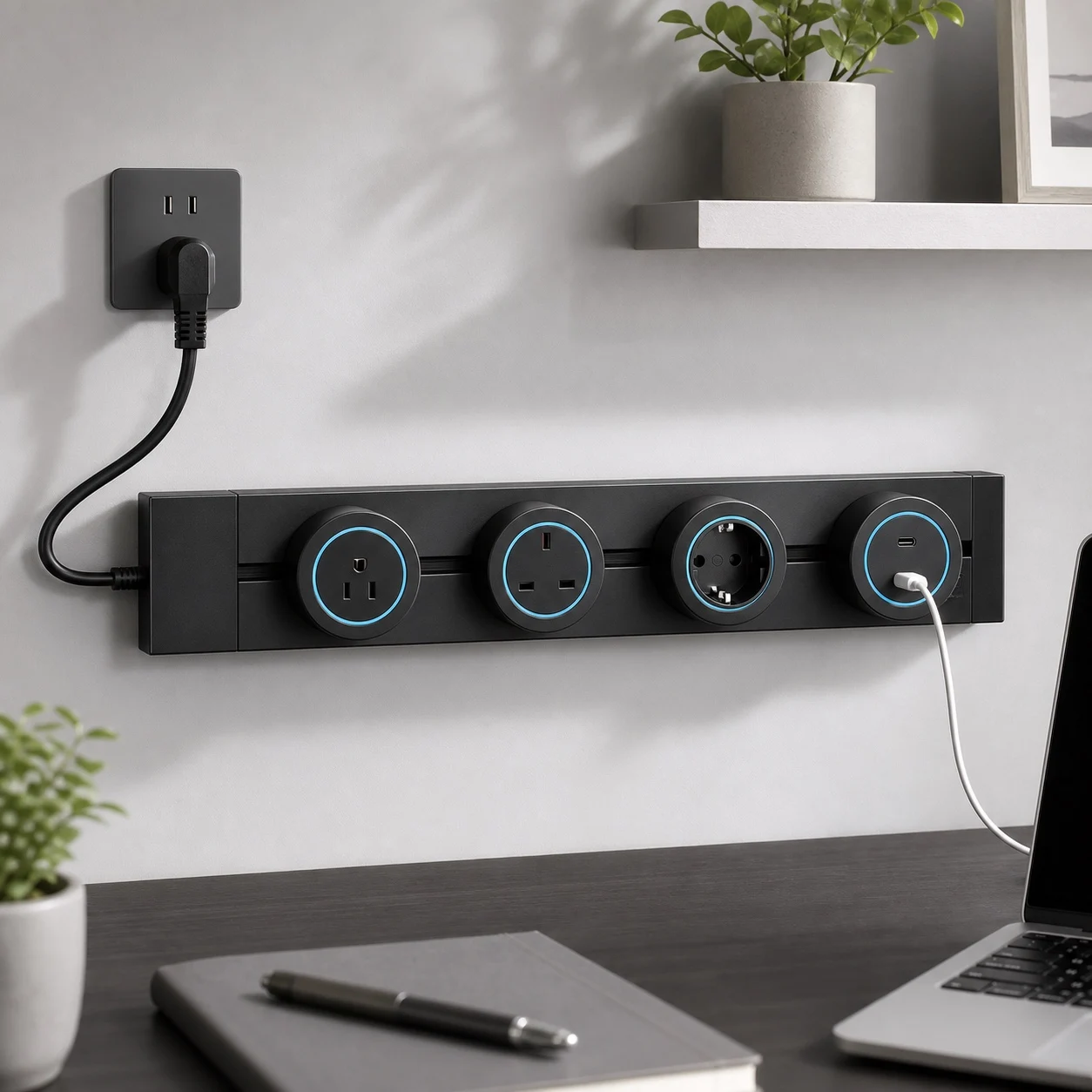 Power Track Socket Rail 40cm 50cm Wall Mounted Modular Outlet Strip USB Type-C US EU UK Plug Adapter Home Office Grey Black