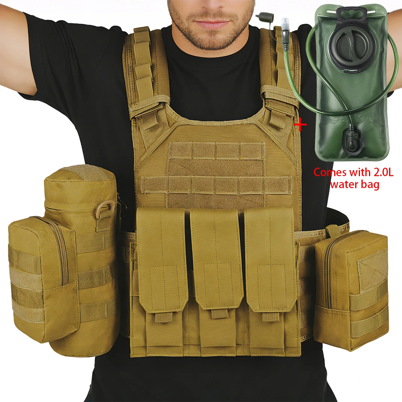

Outdoor hunting vest can be freely mounted with accessories. Comes with Velcro and a 2.0L water bag with dust cover