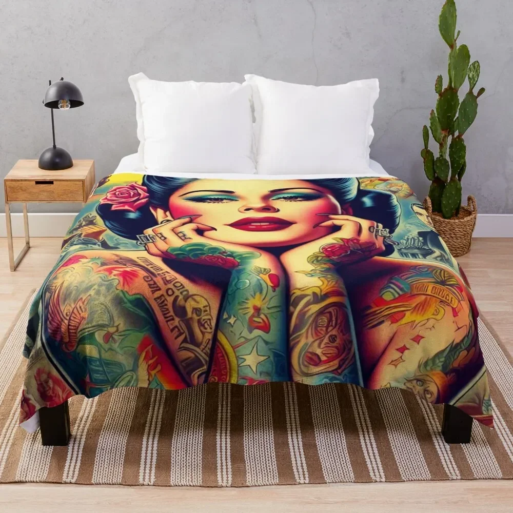 

Retro Pretty Tattoo Pin-up Throw Blanket Soft Breathable Blanket for Night Sleeping