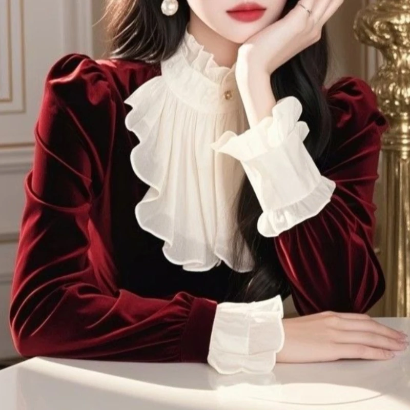 

Весенне-осенняя женская винтажная шифоновая рубашка во французском стиле с расклешенными рукавами, винно-красная бархатная верхняя рубашка, женские повседневные рубашки TT433