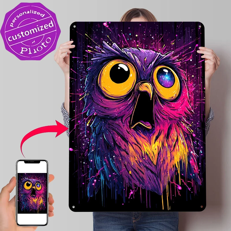 Psychedelic Owl With Galaxy Eye Tinplate Poster Customized Wall Art Retro Vintage Metal Signs for Fans Living Room Decorations