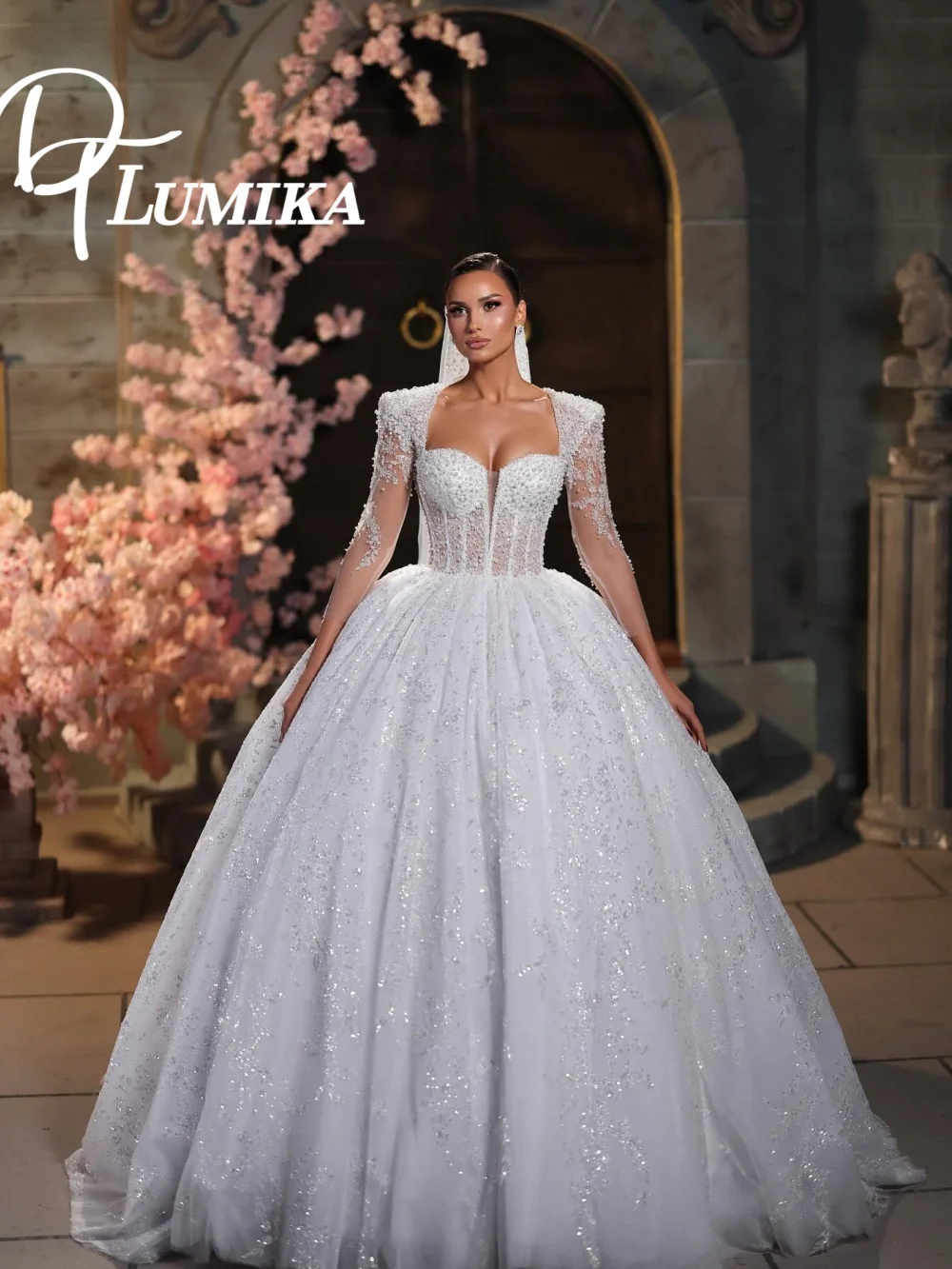 

Dreamy Long Sleeve Lace Ball Gown Wedding Dress Sparkling Glitter Tulle Bridal Dress Exquisite Bridal Gown Vestidos De Novia