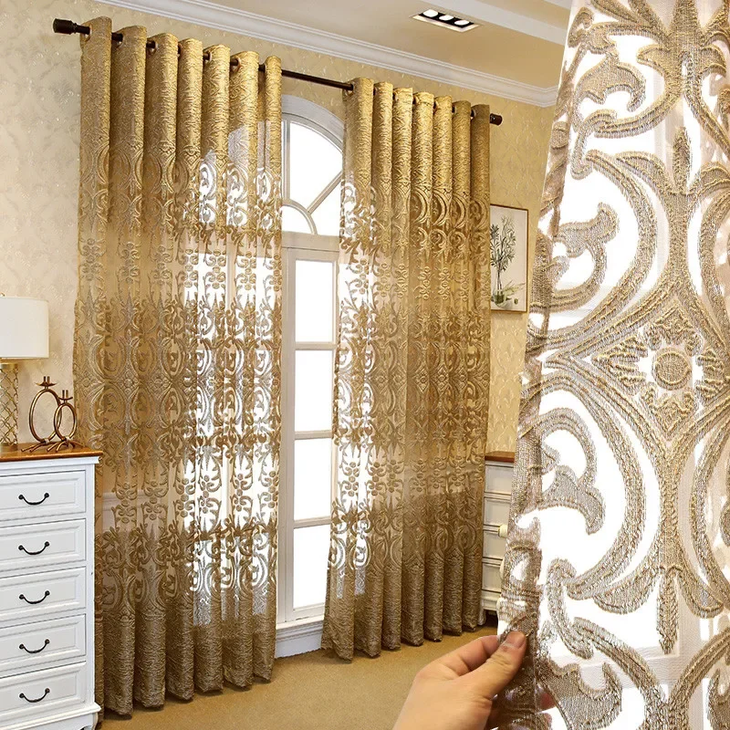 Luxurious Europe Gold Embroidery Tulle Curtains for Living Room Romantic Semi-Sheer Jacquard Voile Door Window Drapes ZH431H