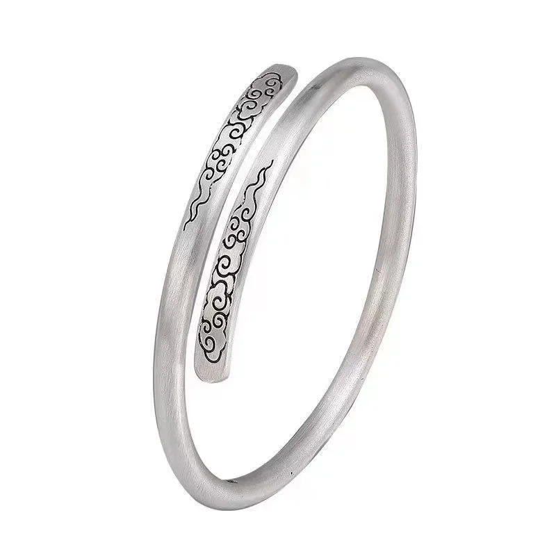 999 Silver Auspicious Clouds Bracelet Women's Vintage Open Jewelry Simple Style Overlapping Fashion Bangle