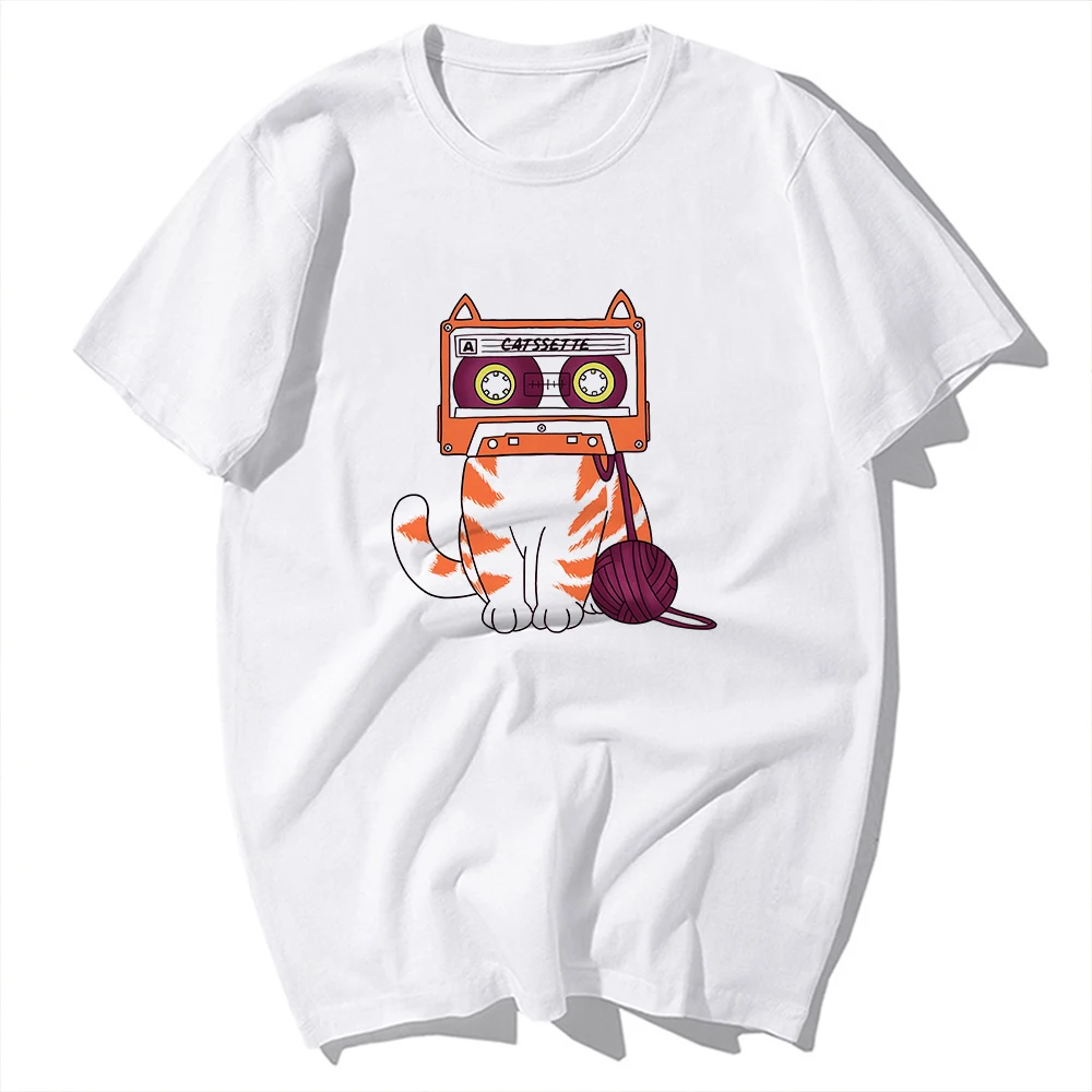 Nostalgia Cassette Tape Cat Funny Meow Joke Tshirt,White Casual Short Sleeve T-Shirt Unisex Tee,No-cracking Breathable Printing