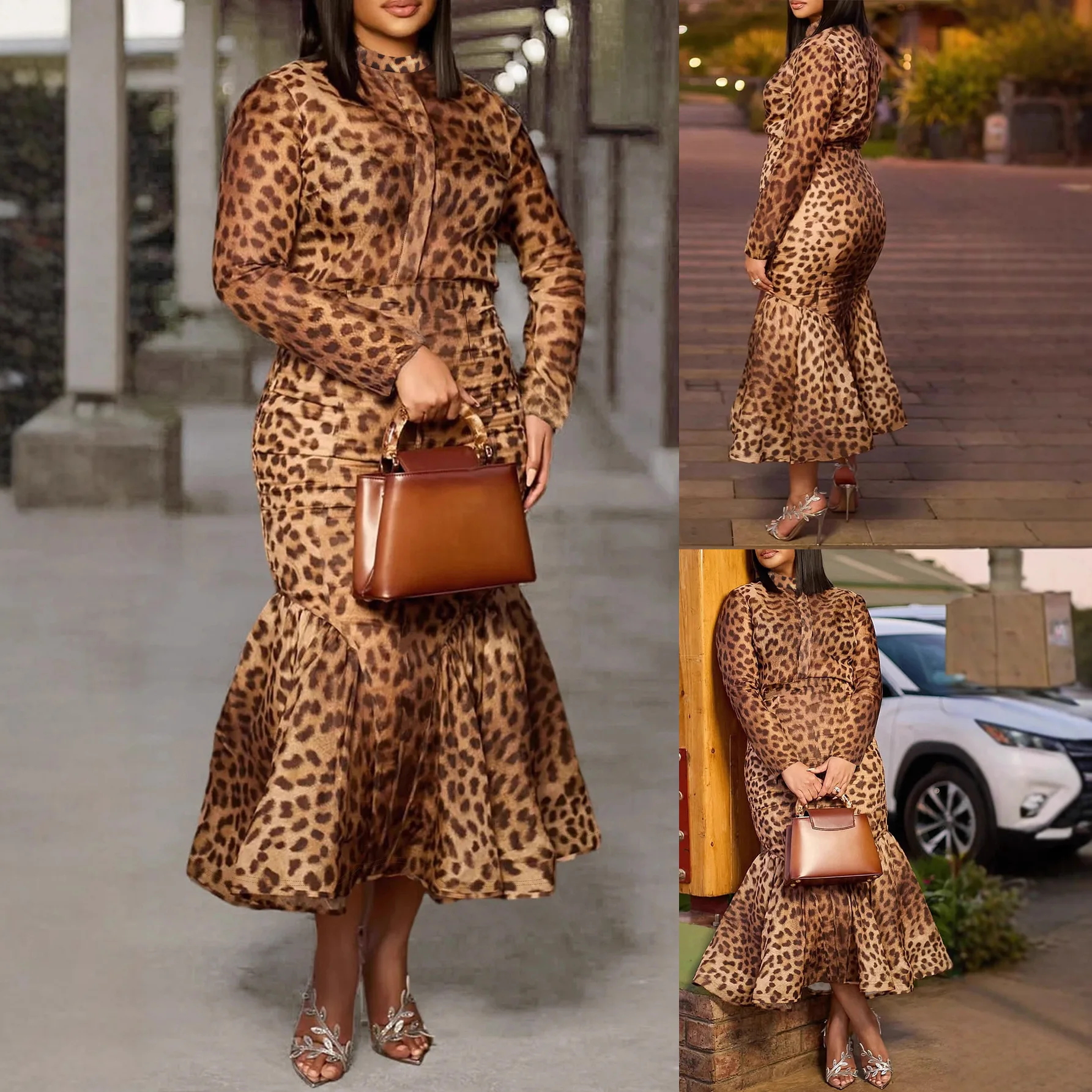 Large Size Leopard Print Long Sleeve Fish Tail Skirt Half Body Skirt Two Piece Set Casual Outfit For Plus Size Women
