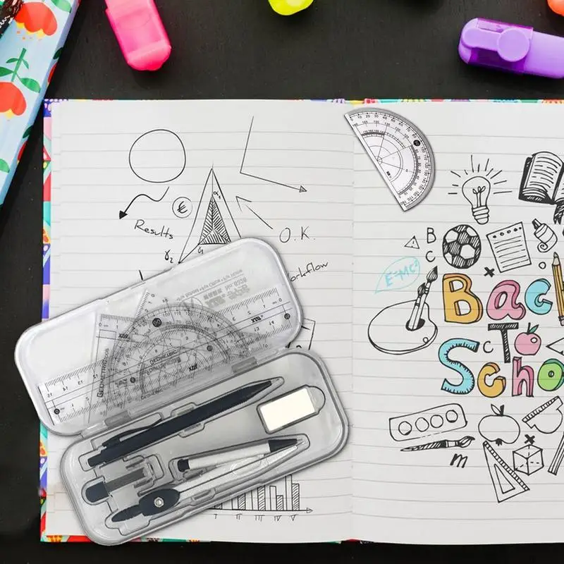 Набор геометрических принадлежностей для студентов, комплект с диаграммой 10 шт. с боксом для хранения, принадлежности для студентов, набор математических инструментов для школы