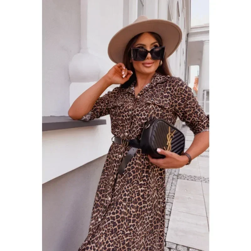 Neue Damenmode Mittellanges Hemdkleid mit Leopardenmuster Damen Herbst Lässiges, vollärmeliges, knielanges Kleid