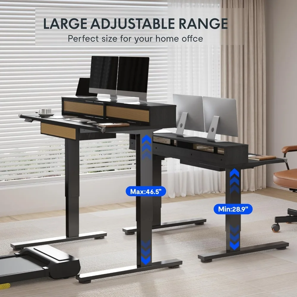 مكتب قائم كهربائي قابل للتعديل مع أدراج من الروطان ورف شاشة، 55 بوصة × 24 بوصة