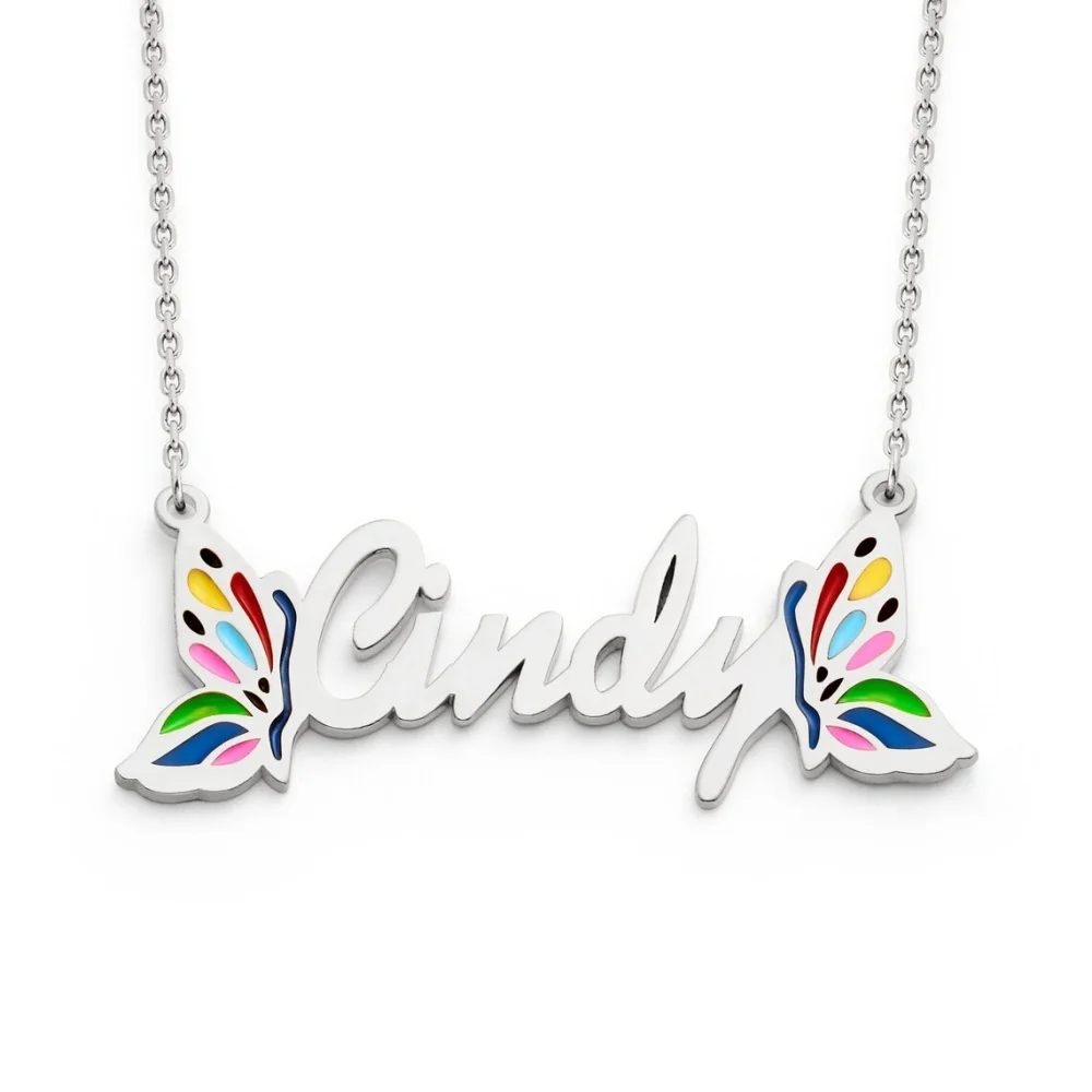 Custom Name Rainbow Butterfly Necklace Stainless Steel Jewelry Personalized UV Printing Name Necklace Women Friendship Gifts