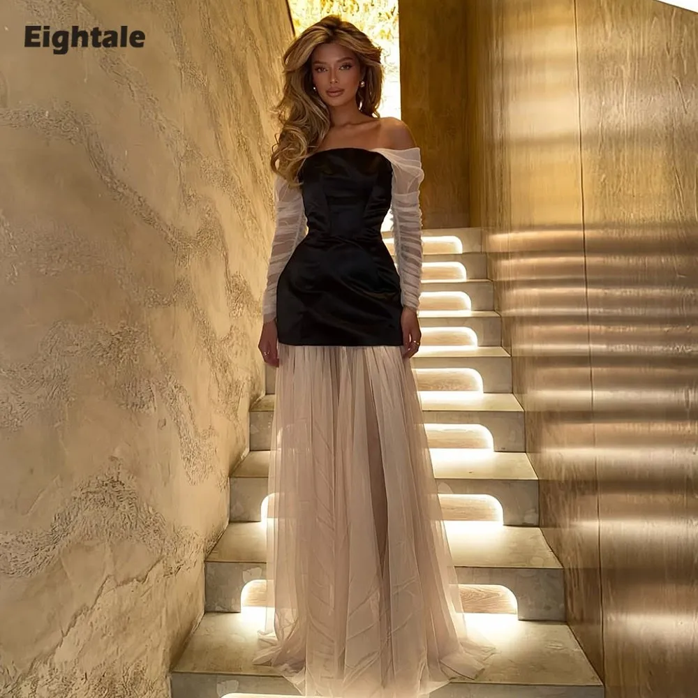 

Eightale Elegant Evening Dress Strapless Long Sleeves Customized Satin Black and Ivory A-Line Prom Wedding Party Gowns