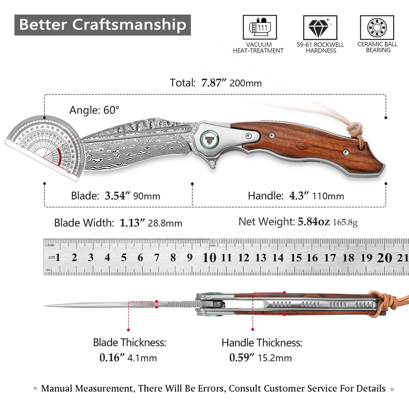 TRIVISA Folding Pocket Knife for Men, Flipper Damascus Knives，Handmade Ironwood Handle，Vegetable tanned leather，Gifts knife