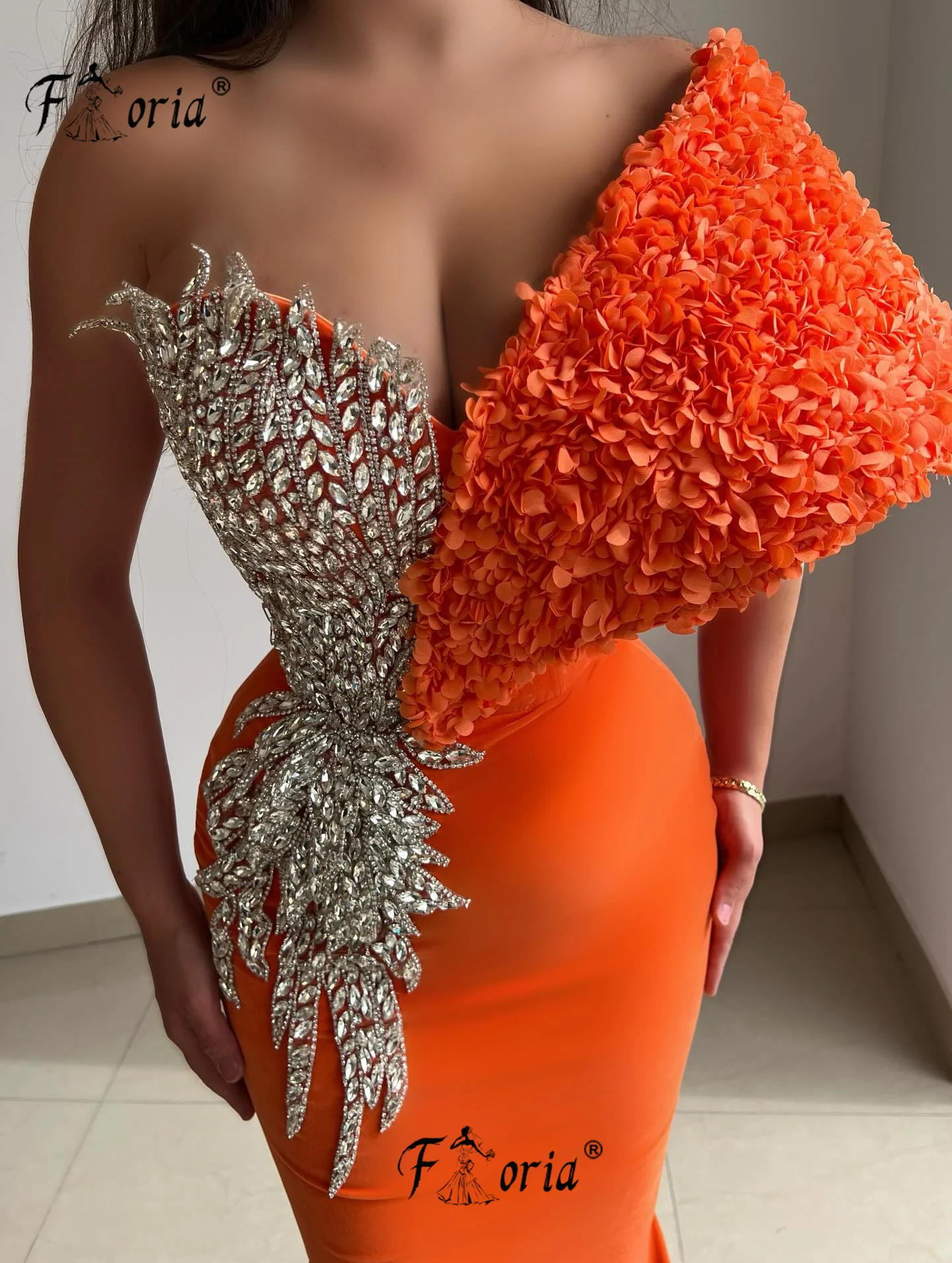 Elegante vestido de fiesta naranja, cuentas brillantes, apliques de cristal, vestidos de noche 3D, batas de cóctel personalizadas, longues soirées élégantes