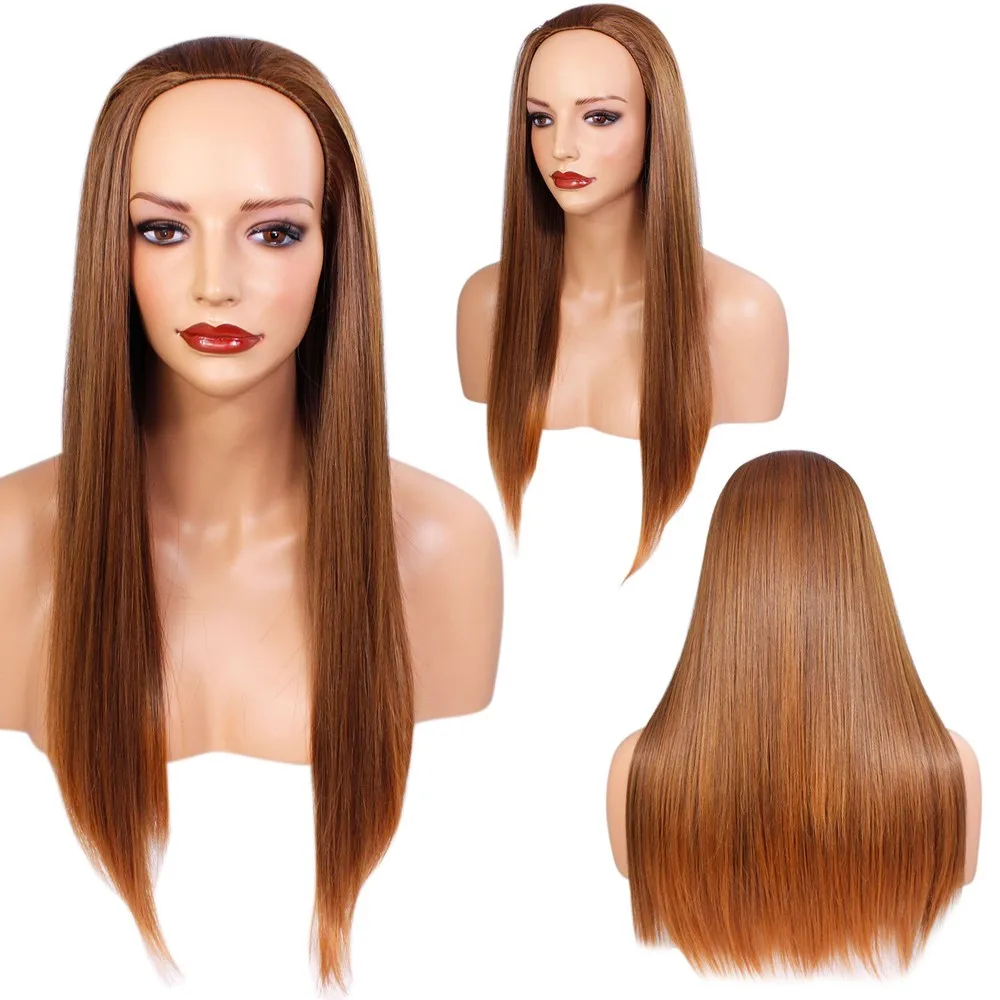 Senhoras 3/4 meia peruca marrom castanho castanho pontas retas 22" cabelo sintético resistente ao calor
