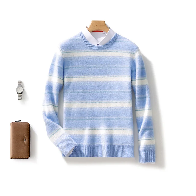 Autumn Winter 100% Merino Wool Men's O-Neck Striped Sweater Pullover Cashmere Long Sleeves Casual Color-Blocked Clothing Top