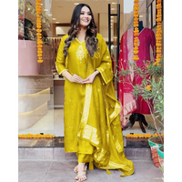 Yellow Indian Women Wedding Haldi Partywear Salwar Suit Straight Kurti Dress Set