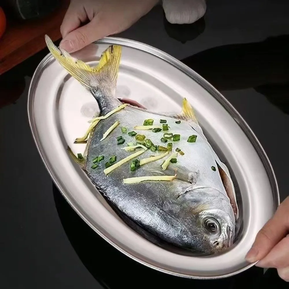 Stainless Steel Oval Fish Plates Multi-Size 22-35cm Diameter Dinner Plates Shallow Design Oval Shape Steak Dishes
