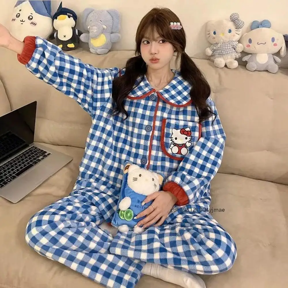 Sanrio Hello Kitty Autumn Winter Flannel Thick Warm Pajamas for Women Set Blue Checkered Fashion Sleepwear Casual Home Clothes