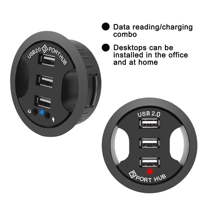 Adaptateur de montage audio de bureau, hub USB 2.0, oeillet de bureau, 3 ports, multi ports USB 2.0