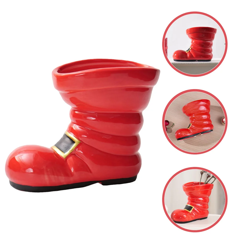 

Ceramic Santa Boot Planter Red Flower Vase Festive Christmas Table Centerpiece Unique Holiday Flower Holder Santa Planter Decor