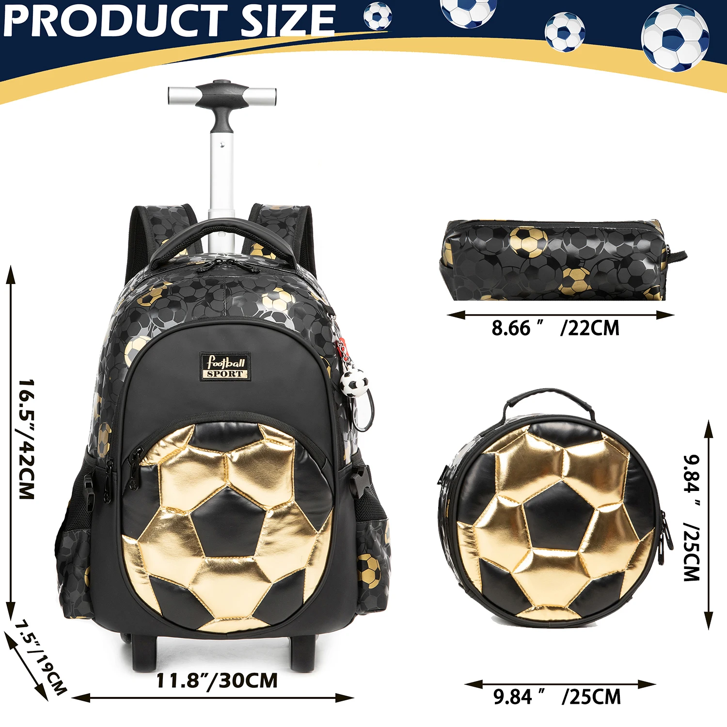 Rolling Backpack for Boys Soccer Print with Lunch Bag Pencil Case Football Fan Favorite Durable Lightweight