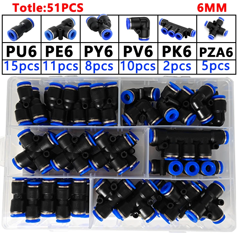 

В штучной упаковке 51 шт. PU-6/PE-6/PZA-6/PY-6/PV-6/PG-6/PK-6 Комплект пневматических фитингов 6 мм Наружный диаметр шланга Трубные воздушные соединители