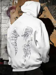 Street Trend Wings Printing Hoodie For Men Pocket Drawstring Pullovers Loose Fleece Warm Sweatshirts Autumn Comfortable Clothes