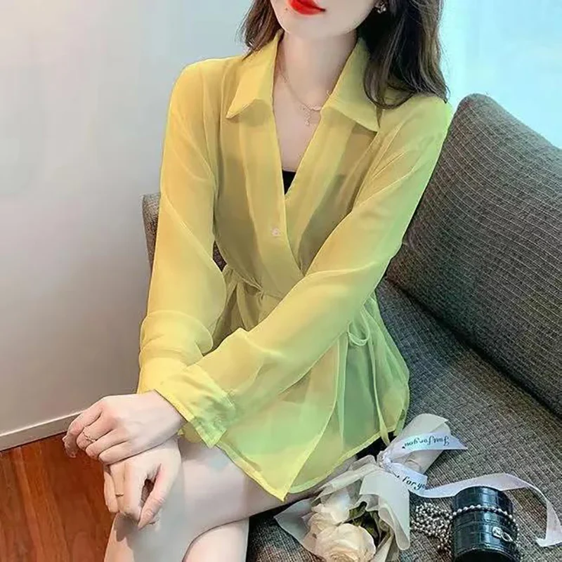 Fashion Lapel Button Solid Color Gauze Bandage Shirts Female Clothing 2024 Spring Summer New Loose All-match Tops Casual Blouses