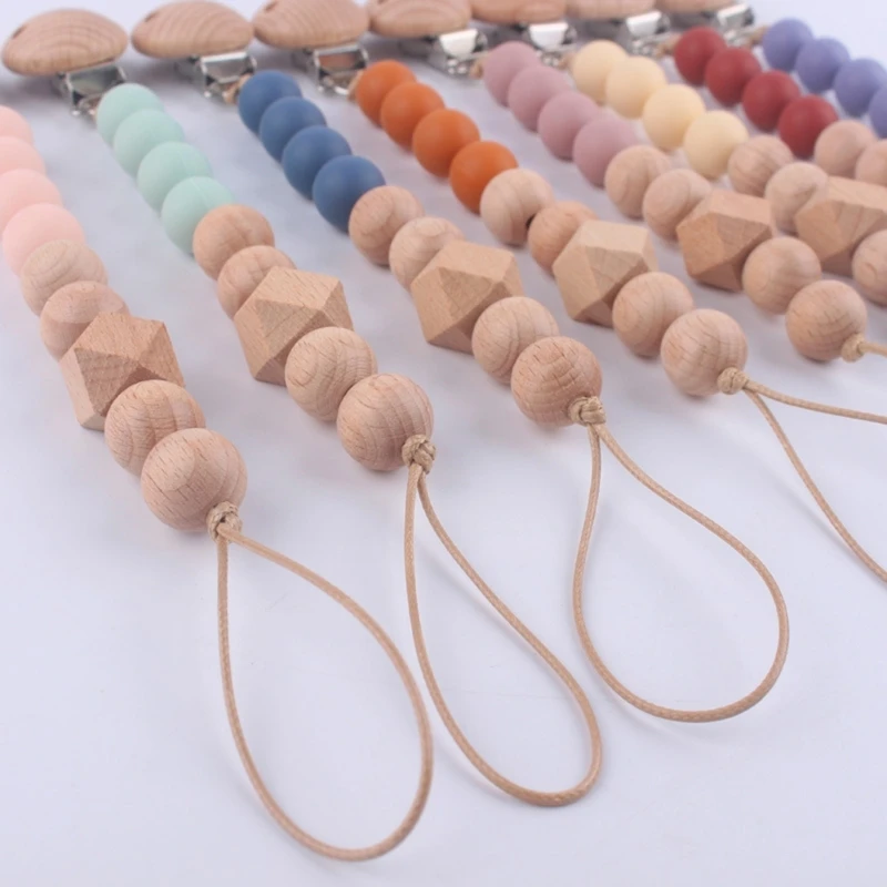 Wooden Nipple Clip Teething Bead Pacifier Anti-Lost Chain Soother Clip Baby Teether Toy Hanging Clip Nursing Accessories