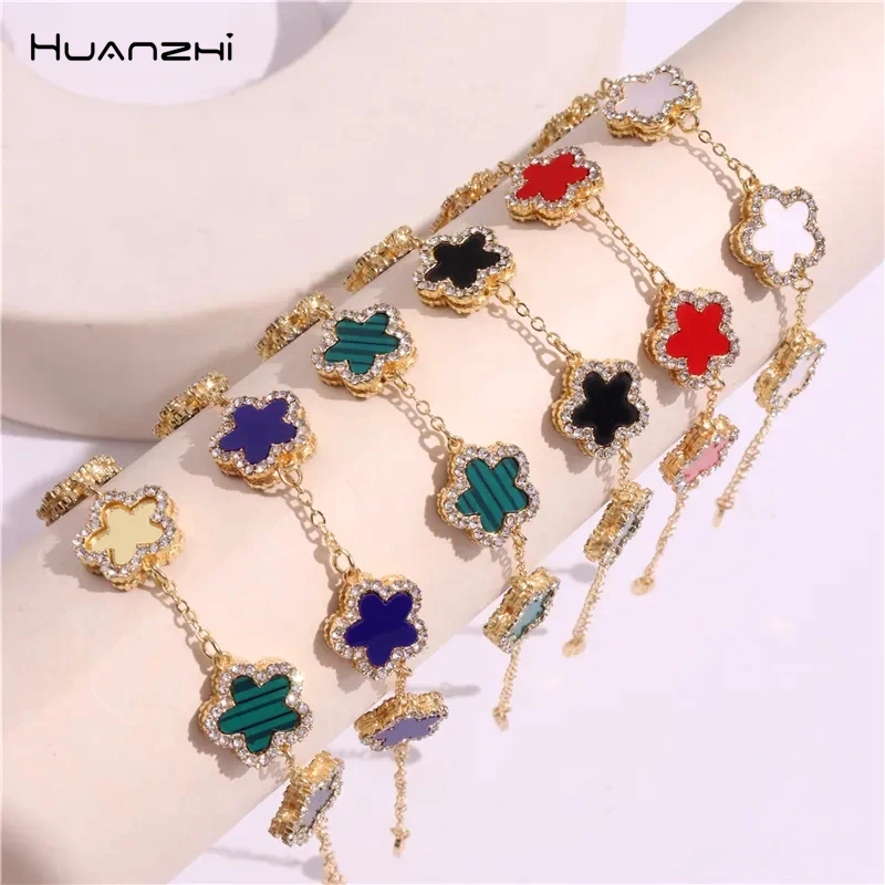 HUANZHI Rhinestone Flower Bracelets Colorful Star Adjustable Cuff Bangle Charm Wedding Party Vintage Jewelry New for Women