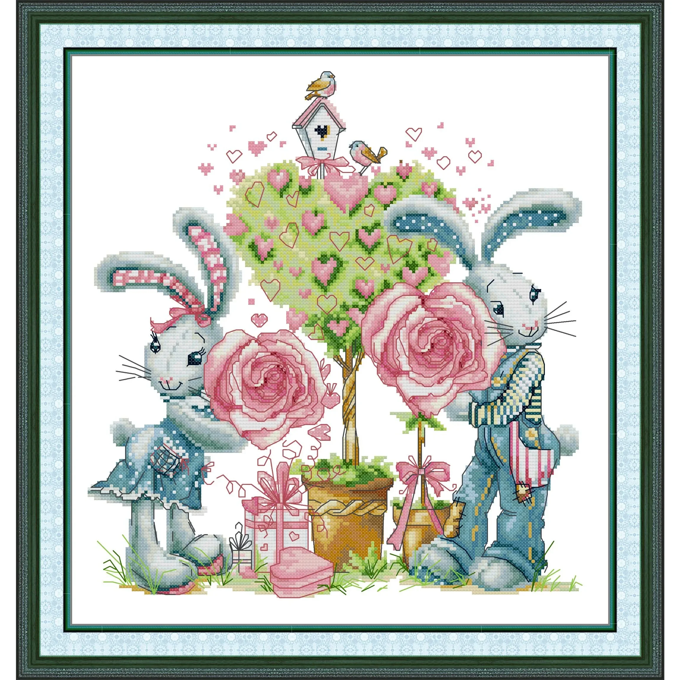 Joy Sunday Pre-printed Cross Stitch Kit  Easy Pattern Aida  Stamped Fabric Embroidery Set-Bunny and The Roses