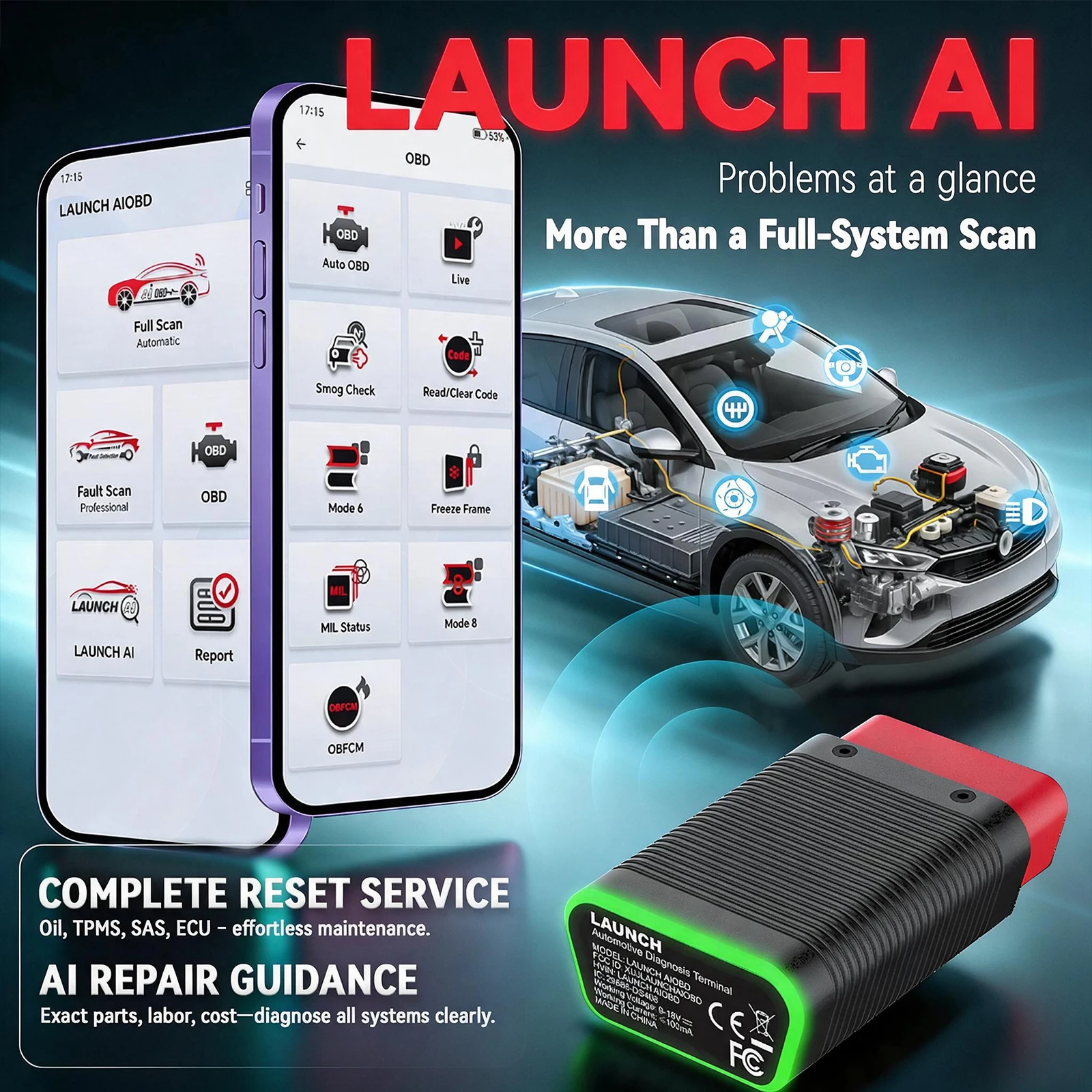 LAUNCH X431 AIOBD Mini Bluetooth Connector Adapter OBD2 Scanner Diagnostic Tools AI Explains Faults Simply Work on Android IOS