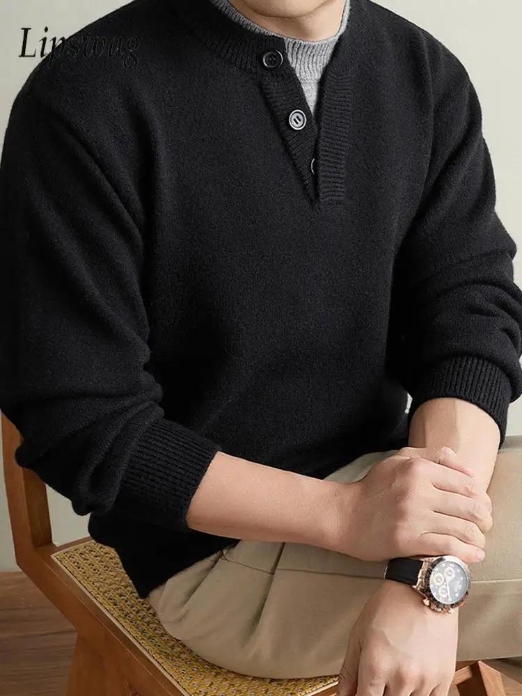 Autumn Winter Mens Knit Sweater Solid Color Henley Neck Fake Two Piece Long Sleeve Knitted Pullover Daily Casual Warm Tops Male