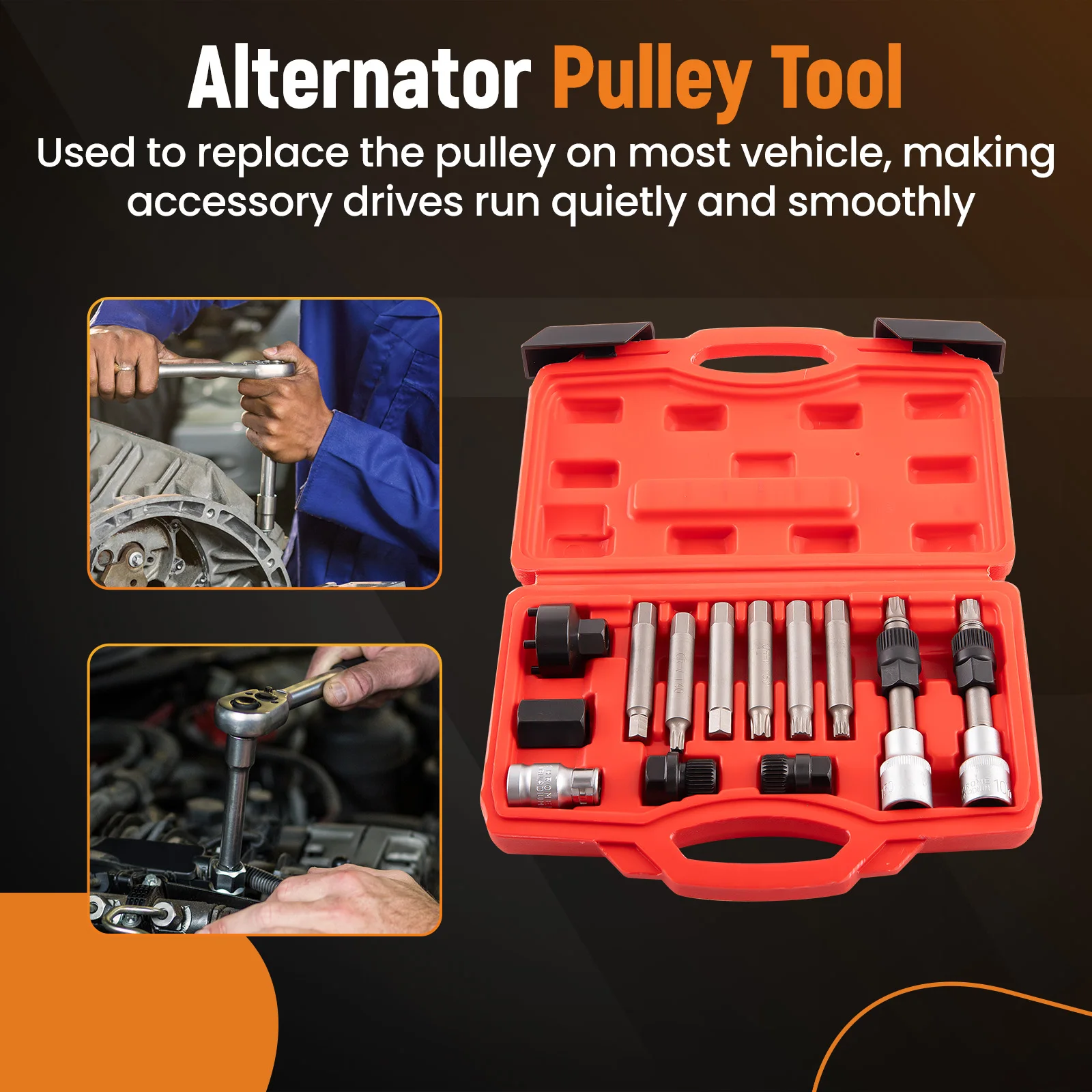 A Specialized Set Of Spline And Star Socket Bits Designed For Removing The Freewheel Drive Pulley-Type Alternators.