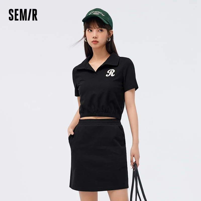 Semir Set Women Polo Neck Embroidered Top Elastic Waist Skirt 2024 Summer New Waffle Two Piece Casual Set